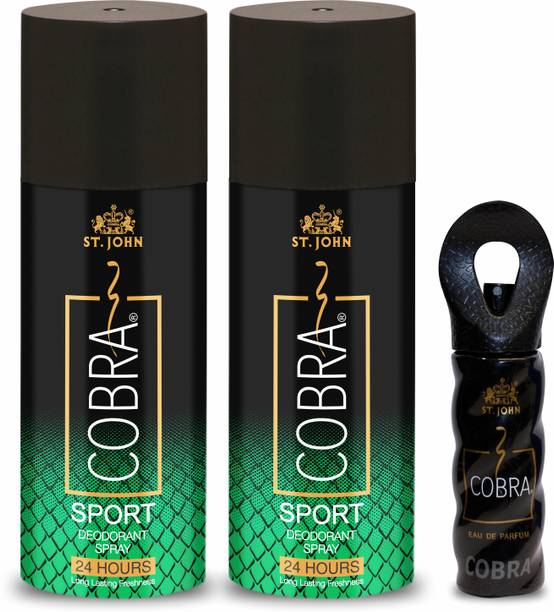 ST-JOHN Cobra Deodorant Sport (150ML Pack of 2) and Cobra Perfume 15ML Long Lasting Deodorant Spray  -  For Men & Women