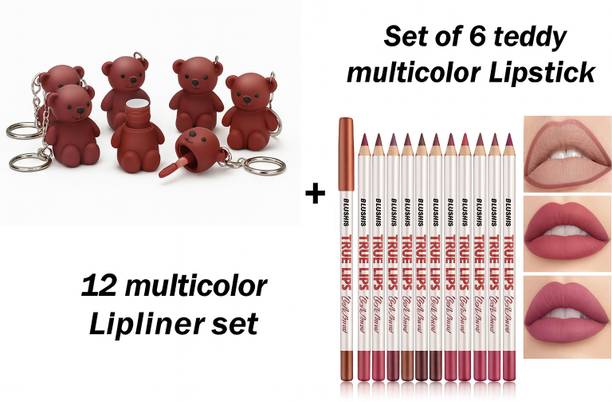 BLUSHIS Teddy 6 Mini Matte Lipsticks with 12 Multicolor Lipliners Set
