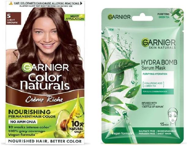 Garnier Men Color Naturals Crème hair color 5 Brown, 70ml + 60g+Hyaluronic Acid+Green Tea Purifying Hydration Serum Mask-28g