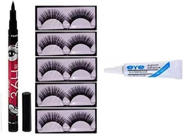 SUBHMUN Eyelashes Pack of 5 Pair With Eyelash Adhesive Glue & 36H Eyeliner