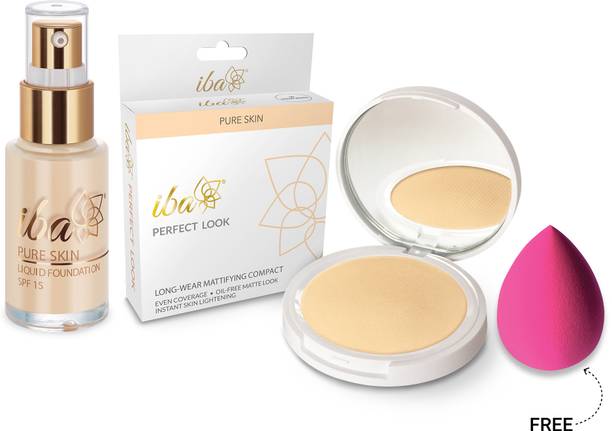 Iba Pure Skin Perfect Look Long-Wear Mattifying Compact (Snow White) + Liquid Foundation (Snow White) Combo + FREE Beauty Blender