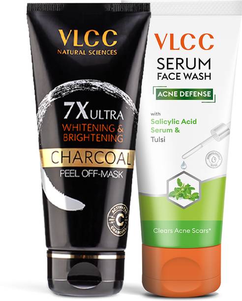VLCC Acne Defense Face Wash with Salicylic Acid Serum & Tulsi & 7X Charcoal Peel-Off Mask