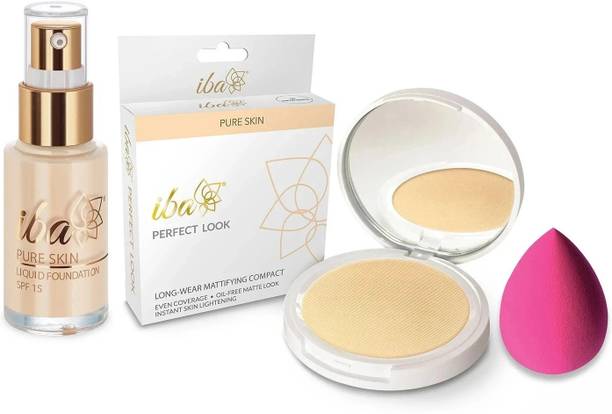 Iba Pure Skin Perfect Look Long-Wear Mattifying Compact (Snow White) + Liquid Foundation (Snow White) Combo + FREE Beauty Blender
