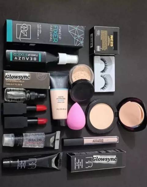 Glowsync Makeup kit combo,Essential Oil,Primer,foundation, Concealer, Loose Powder,Puff, Fixer, Compact ,2 lipstick,eyelashes (12 Items)