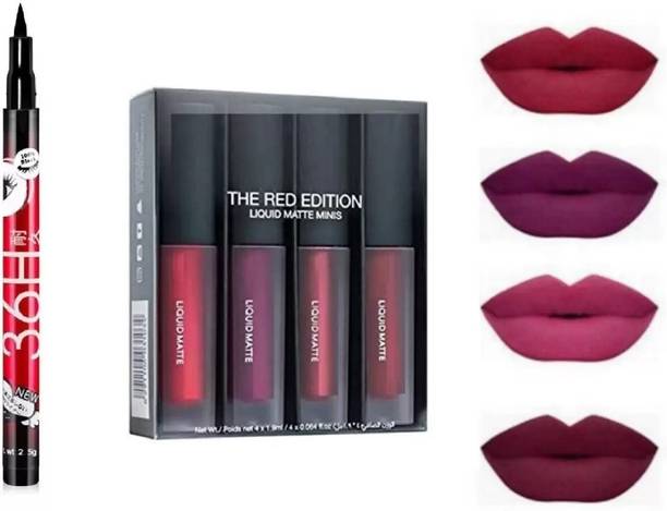 SHEFFO SuperStay Water Proof Liquid Matte Beauty Lipstick 4 Pcs + Sketch EyeLiner