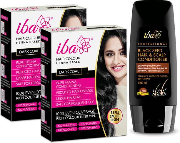 Iba Henna Based Hair Color Dark Coal Pack of 2 + Black Seed Conditioner Combo (140g+ 125ml)