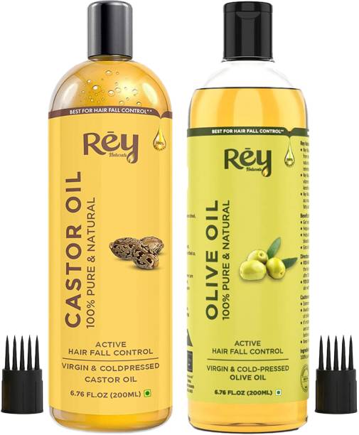 Rey Naturals Premium Cold Pressed Castor Oil-200Ml & Olive Hair Oil For Hair Growth -200Ml