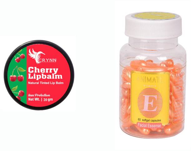 Crynn Essential Cherry Natural Tinted Lip Balm Sun Protection& Facial Face Soft Gel Capsules Vitamin E Anti Wrinkle Serum Care Oil