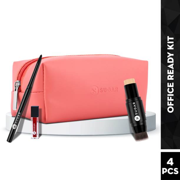 SUGAR Cosmetics Office Ready Kit|Kajal, Lipstick, Foundation with Peach Pouch