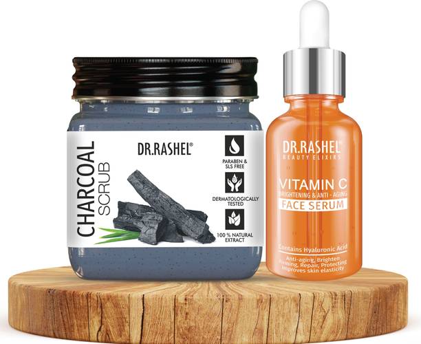 DR.RASHEL Charcoal Scrub & Vitamin C Serum for Glowing Skin, Anti Aging, Blackhead removal