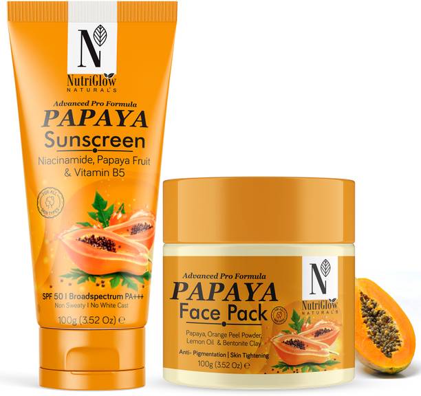 NutriGlow NATURAL'S Papaya Face Pack (100gm) & Papaya Sunscreen SPF 50 (100gm) for Brighter Skin