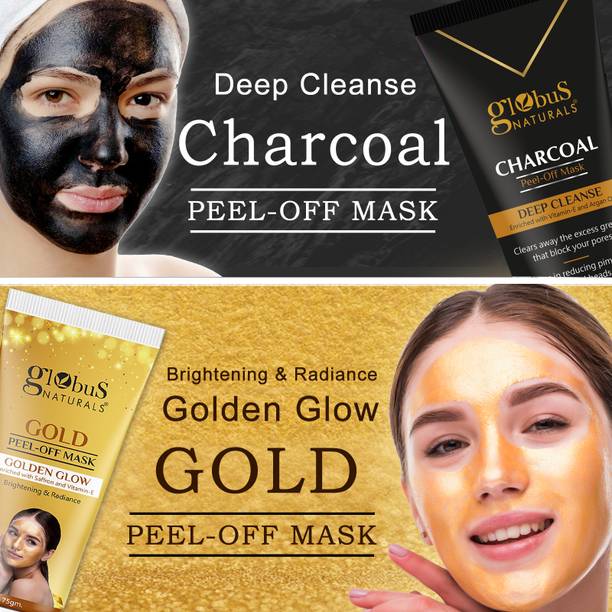 Globus Naturals Charcoal & Gold Peel Off Mask Combo Pack Removes Blackheads Golden Glow & Radiance