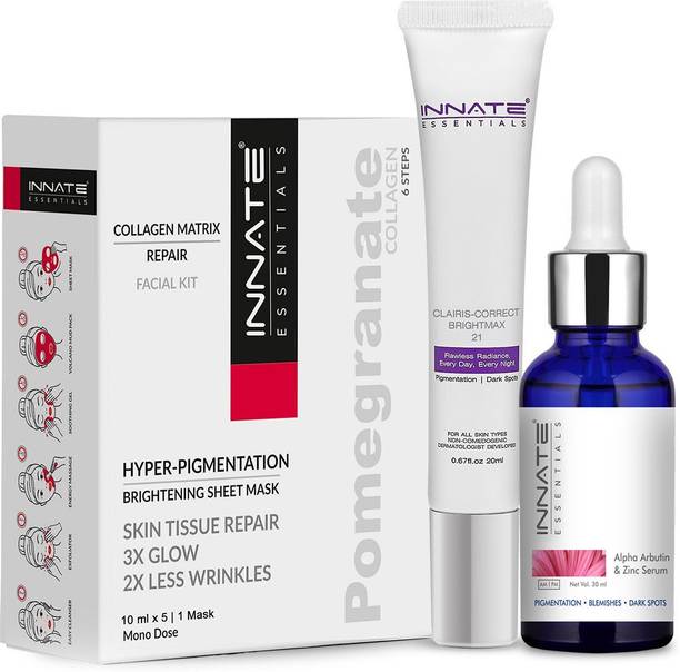INNATE Complete Pigmentation Combo/Kit- Clairis Correct Brightmax Cream 20g + Alpha Arbutin Serum 30ml + Pomegranate Facial Kit 6 Steps