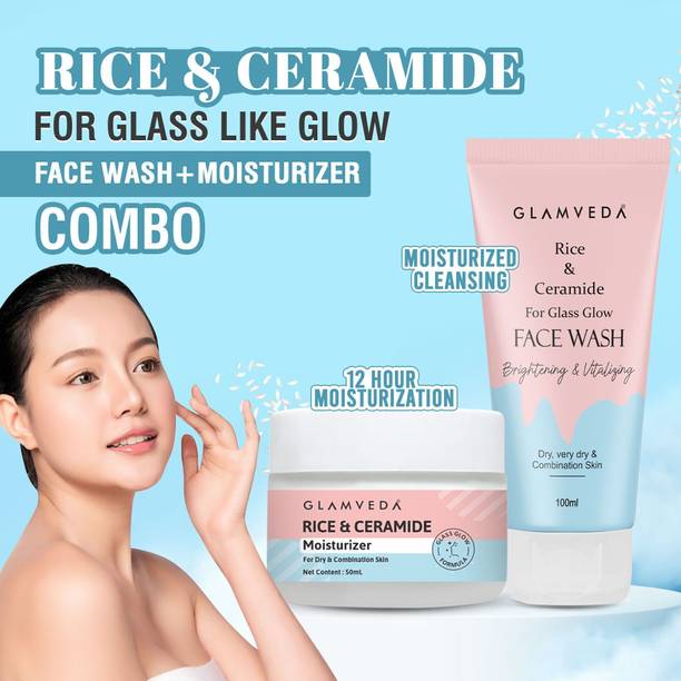 GLAMVEDA Rice & Ceramide Korean Glass Skin Moisturizer & Nourishment Combo ( Face wash + Moisturizer )