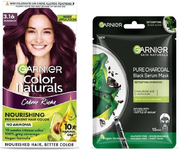 Garnier Men Color Naturals Crème hair color 3.16 Burgundy, 70ml+60g+Pure Charcoal Detoxiying Hydration Black Serum Mask-28g