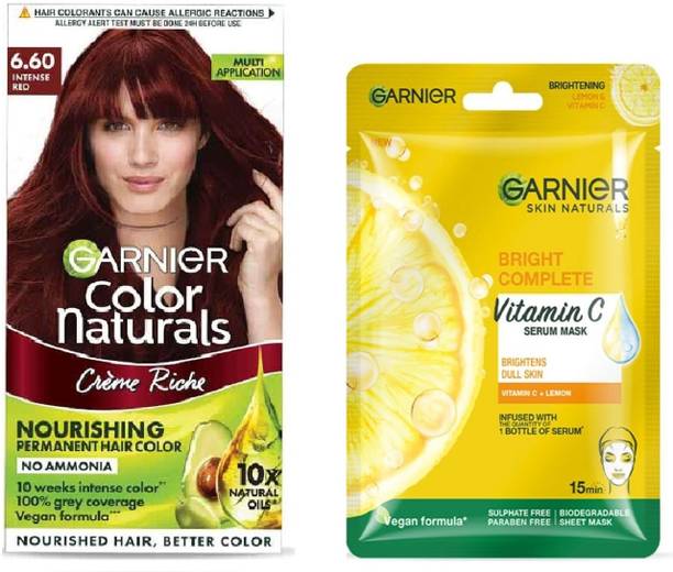 Garnier Men Color Naturals Crème hair color, 6.60 Intense Red, 70ml + 60g+Bright Complete Vitamin C Brightens Dull Skin Serum Mask-28g