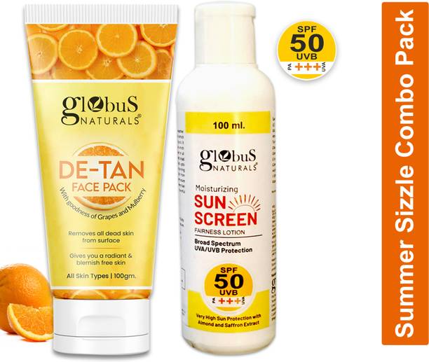 Globus Naturals Summer Sizzle Set - Sunscreen Lotion SPF 50++ 100 ml & De Tan Face Pack 100 gm