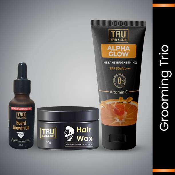 TRU HAIR & SKIN Alpha Glow Sunscreen With SPF-50: 50gm & Hair Wax-50gm+Beard Oil-30ml