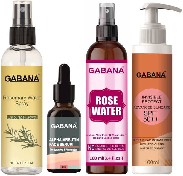 GABANA Rosemary Spray 100ml, AlphaArbutin Serum 30ml, RoseWater 100ml & Sunscreen 100ml