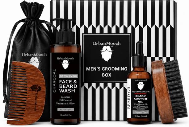 UrbanMooch 4 in 1 Beard Care Kit | Beard Oil, Charcoal Face & Beard Wash, Beard Brush & Wooden Beard Comb for Men | Daily Care of Beard