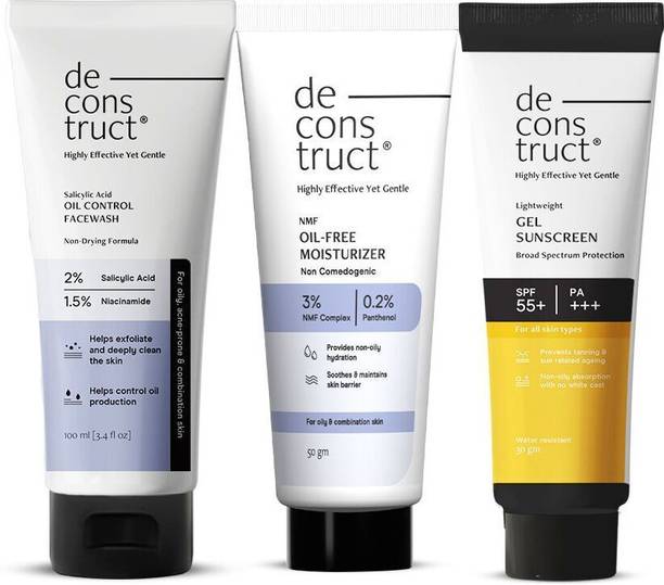 deconstruct 3 Step AM Routine for Oil Free Skin- Oil Control Face Wash, Oil Free Moisturiser and Gel Sunscreen