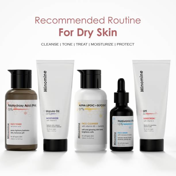 Minomine Deep Hydration Dry Skin Gamechangers Combo Set | Full Routine for Men & Women – Cleanser, Serum, Toner, Moisturizer & Sunscreen