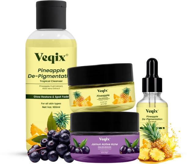 veqix Pineapple De-Pigmentation Skincare Kit Cleanser Serum Moisturizer Jamun Acne Cream Combo