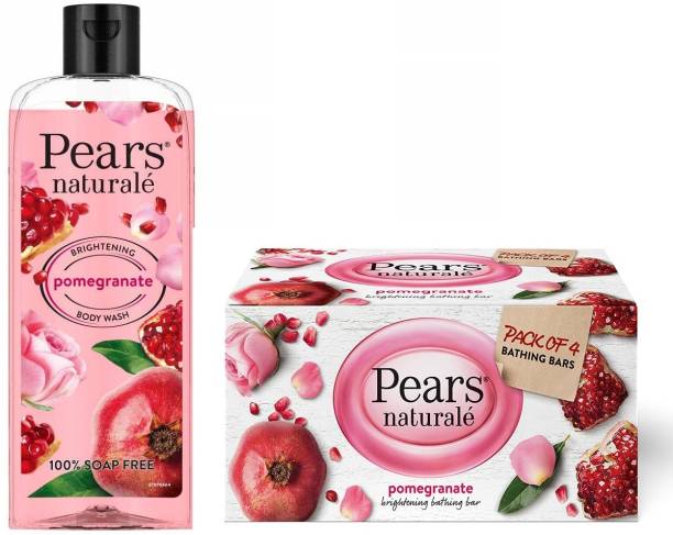 Pears Brightening Pomegranate Body Wash 250ml & Pomegranate Bathing Soap Bar, 4x125 g