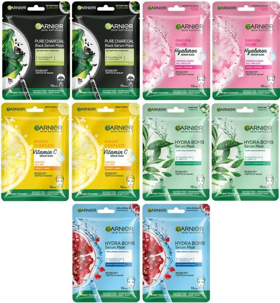 GARNIER Skin Naturals Face Serum Sheet Mask Pack of 10 (2 each of Light Complete, Charcoal, Saruka, Green Tea and Hydrabomb)