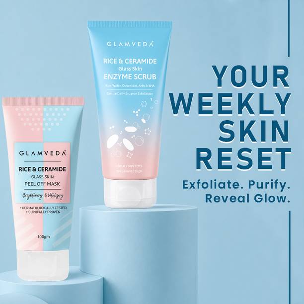 GLAMVEDA Rice & Ceramide Weekly Glow Ritual Enzyme Scrub + Peel Off Mask for Smooth & Radiant Skin