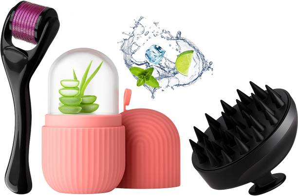 Famire Facial Glow & Hair Care Combo | Ice Roller, Derma Roller & Scalp Massage Brush 3-in-1 Set