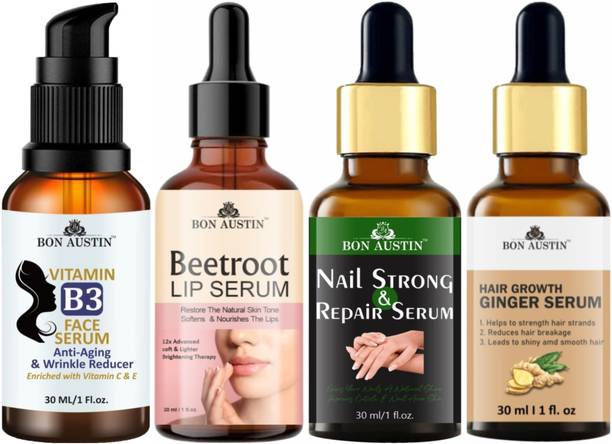 Bon Austin Vit-B3 Serum, Beetroot Lip Serum, Nail Strong Serum & Hair Growth Serum (Each,30ml) Combo Pack