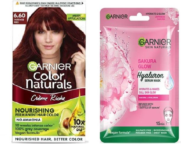 Garnier Men Color Naturals Crème hair color, 6.60 Intense Red, 70ml + 60g+Hydrates & Makes Dull Skin Glow Sakura+Hyaluron Serum Mask-28g