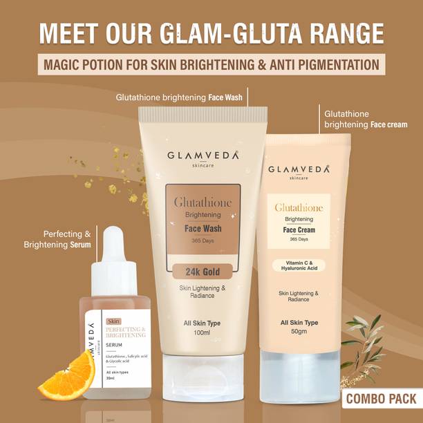 GLAMVEDA Glutathione Skin Perfecting Brightening & Dark Spots Removal 3 Steps Skincare Routine ( Face Wash + Face Cream + Face Serum )