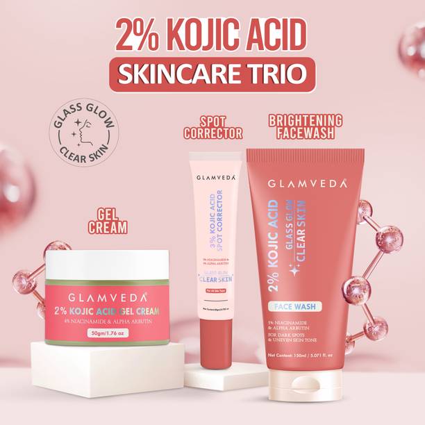 GLAMVEDA 2% Kojic Acid 3 Step Skincare Set – Facewash, Spot Corrector & Cream for Hyperpigmentation, Acne Scars | Brightens Dull Skin