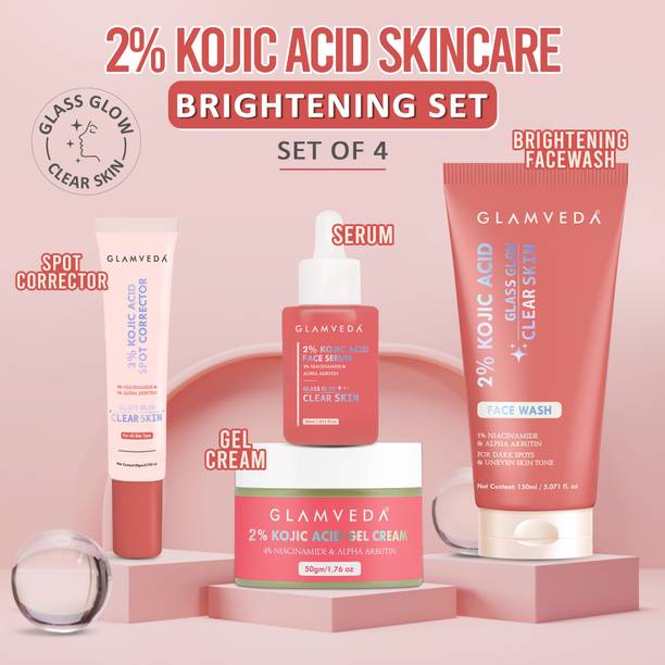 GLAMVEDA Complete Skincare Kit – 2% Kojic Acid Facewash, Spot Corrector, Serum & Cream | Targeted Dark Spot Removal | Blemish Control