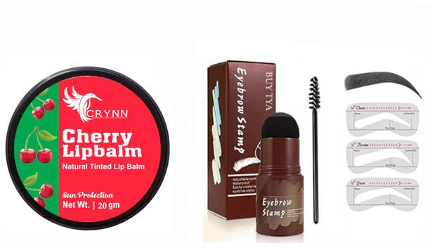Crynn Essential Cherry Natural Tinted Lip Balm Sun Protection& Black,Light Brown,Dark Brown Eyebrow Stamp Kit(Multicolor)