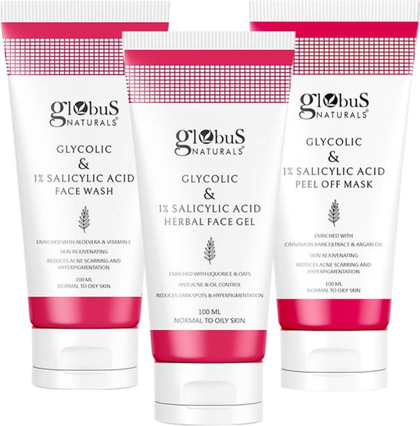 Globus Naturals Pimple Clear Glycolic & 1% Salicylic acid Face Care Combo- Face Wash, Face Gel & Peel Off Mask