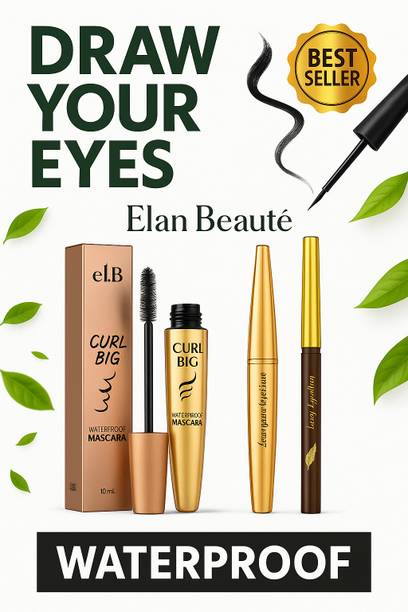 Elan beaute Curl Big Lash Valume Proof Long Lasting Mascara+Eyliner and Kajal, Long Lasting and JET Black