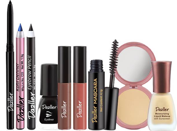 Dazller Mini Glam 8in1 kit |Foundation,kajal, Eyeliner,Eyebrow,Mascara,Compact,lipcolour(2) |Water-resistance |Long stay