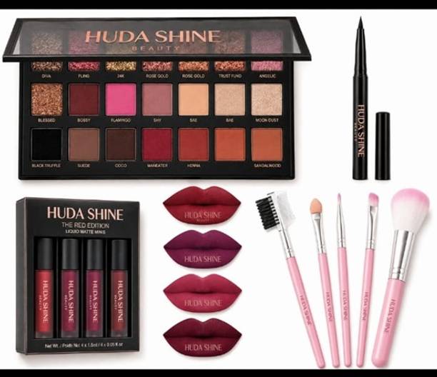 Huda shine Face Makeup Combo Kit| Rose Gold Eyeshadow Palette, Kajal, 4in1 Liquid Lipstick, 5pc Makeup Brush (11 Items in the set)