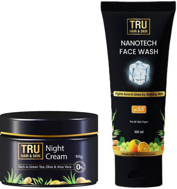 TRU HAIR & SKIN Night Cream-50gm+Nanotech Facewash-100ml| Daily Glow & Care Combo