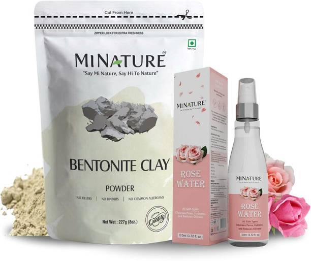 mi nature Bentonite Clay Powder 227g & Rose Water Skin Toner 110ml For Glowing Skin (2 Items in the set)