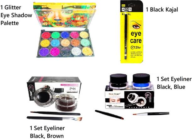 HUDA QUEEN Eye Makeup Combo 4 Black Brown Eyeline+ Eyeshadow Palette +Kajal+ Black Blue Eyeline