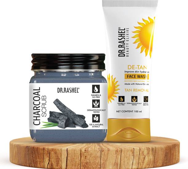 DR.RASHEL Charcoal Scrub & De Tan Face Wash for Tan Removal, Glowing Skin, Reduces Acne, Pimple