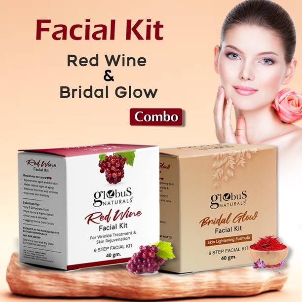 Globus Naturals Facial Kit Combo-Wrinkle Control Red Wine & Skin Lightening Bridal Glow Facial Kit, For All Skin Types