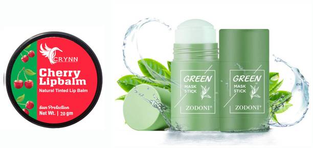 Crynn Essential Cherry Natural Tinted Lip Balm Sun Protection& Green Tea Herbal Cleansing Mask Stick for Face For Blackheads