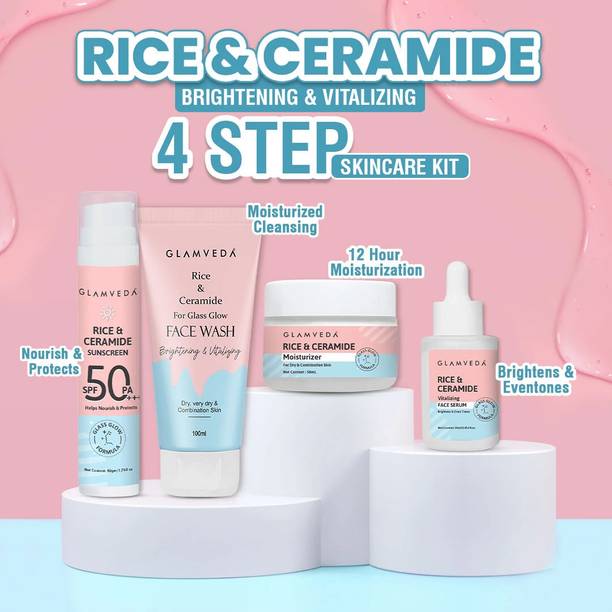 GLAMVEDA Korean Glass Skin Rice & Ceramide 4 Step Daily Skincare Routine For Women| Sunscreen, Moisturizer, Serum & Face Wash|Rice Water|