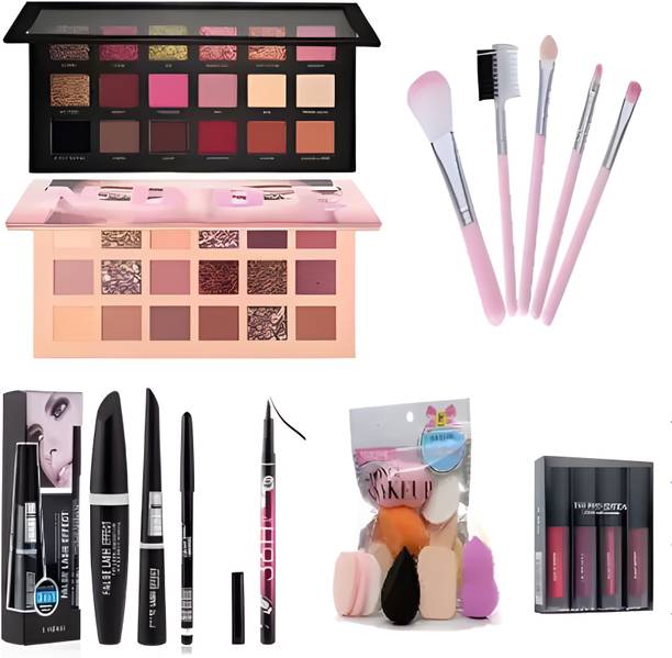 TUMR ROSE GOLD EYESHADOW + NUDE 18 COLOR + 36H EYELINER + MATTE MINI LIPSTICK+ 5 PC. BRUSH+PUFF SET+ BLACK EYELINER ( COMBO PACK)