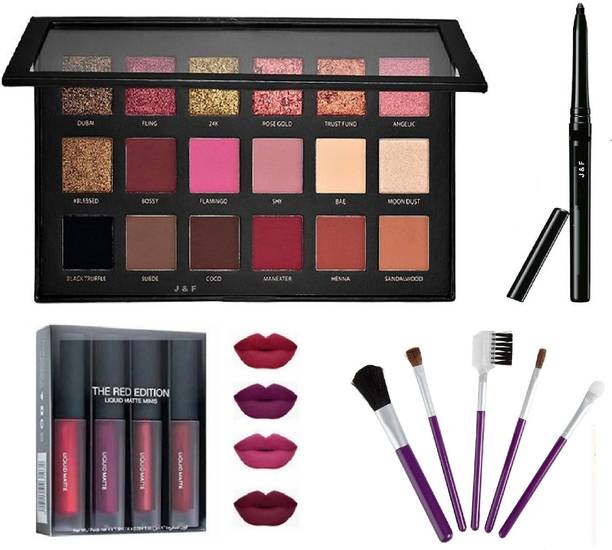 J & F Rose Gold Eyeshadow Palette with 5 Pc Makeup Brush , 4 in 1 Matte Red Edition Lipstick & Black kajal